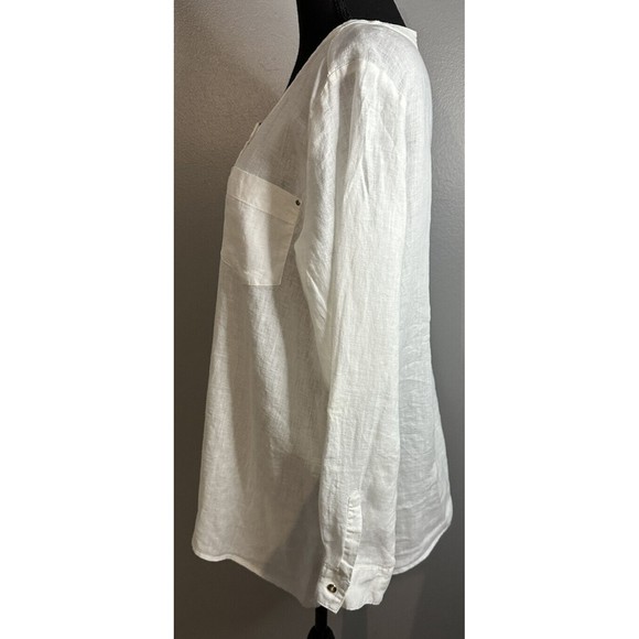 JM Collections Sz 12 White Linen Button Down Blouse Roll Tab Long Sleeve Tunic - Picture 2 of 7